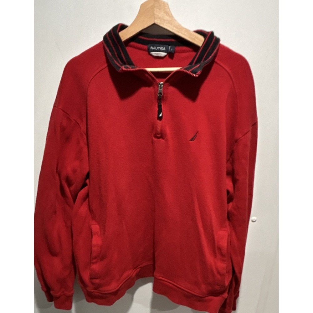 Nautica Knit 1/4 Zip Sweater Red Collared Pullover L Logo Men Long Sleeve